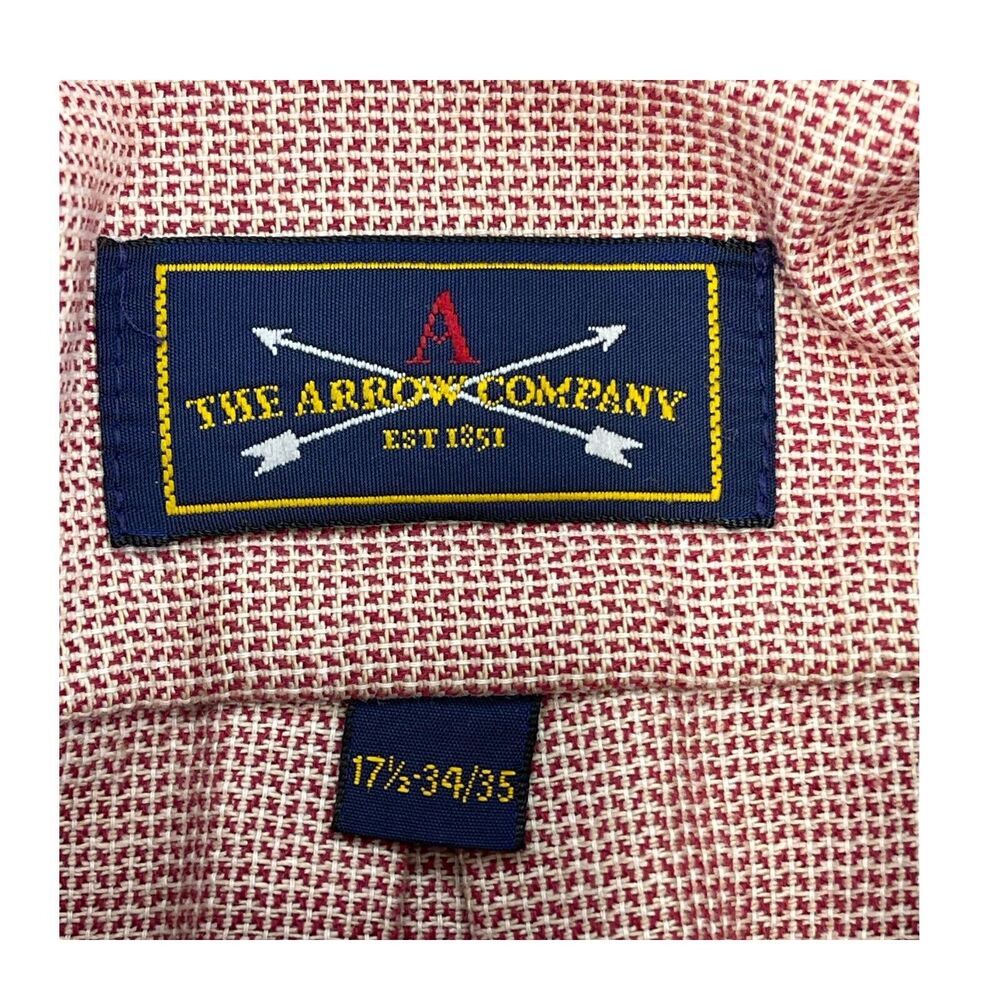 Arrow Dress Shirt Men's 17.5 Maroon White Chevron Cotton Pleated Formal Business - Picture 3 of 7